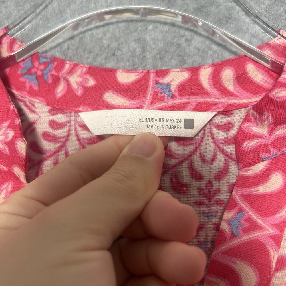 Zara pink floral print cotton tiered midi shirt dress Size XS Size 2 - Picture 5 of 8